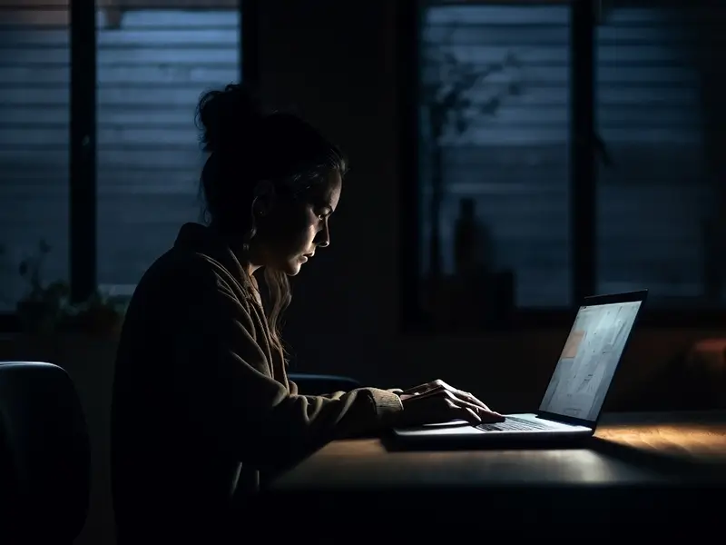 Woman in dark room looking down at laptop while typing